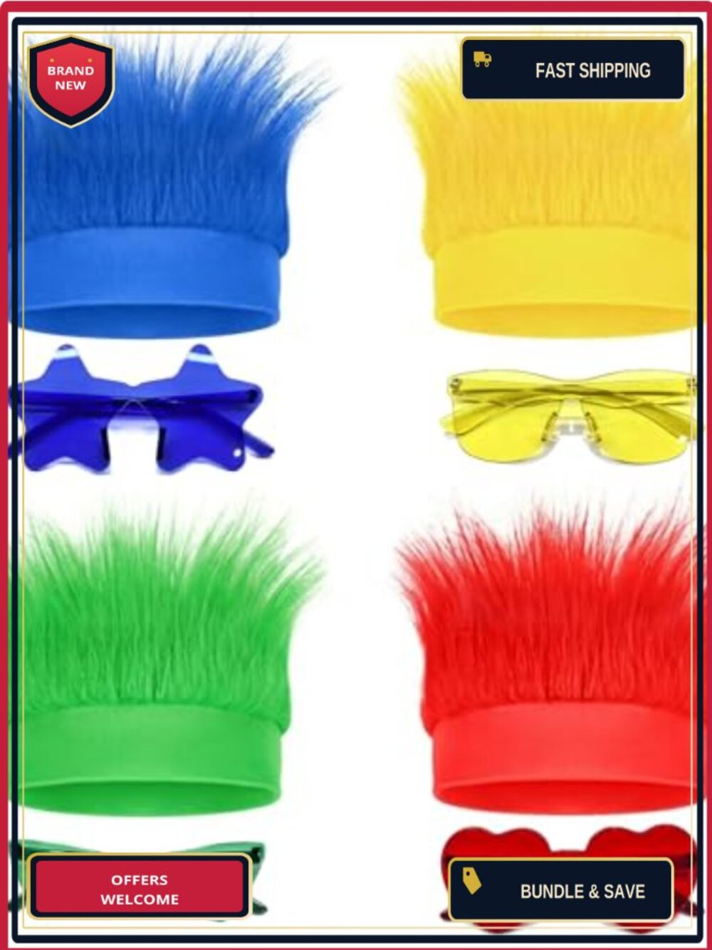 4 Pack Crazy Hair Headbands Novelty Party Glasses Set Synthetic Fibers